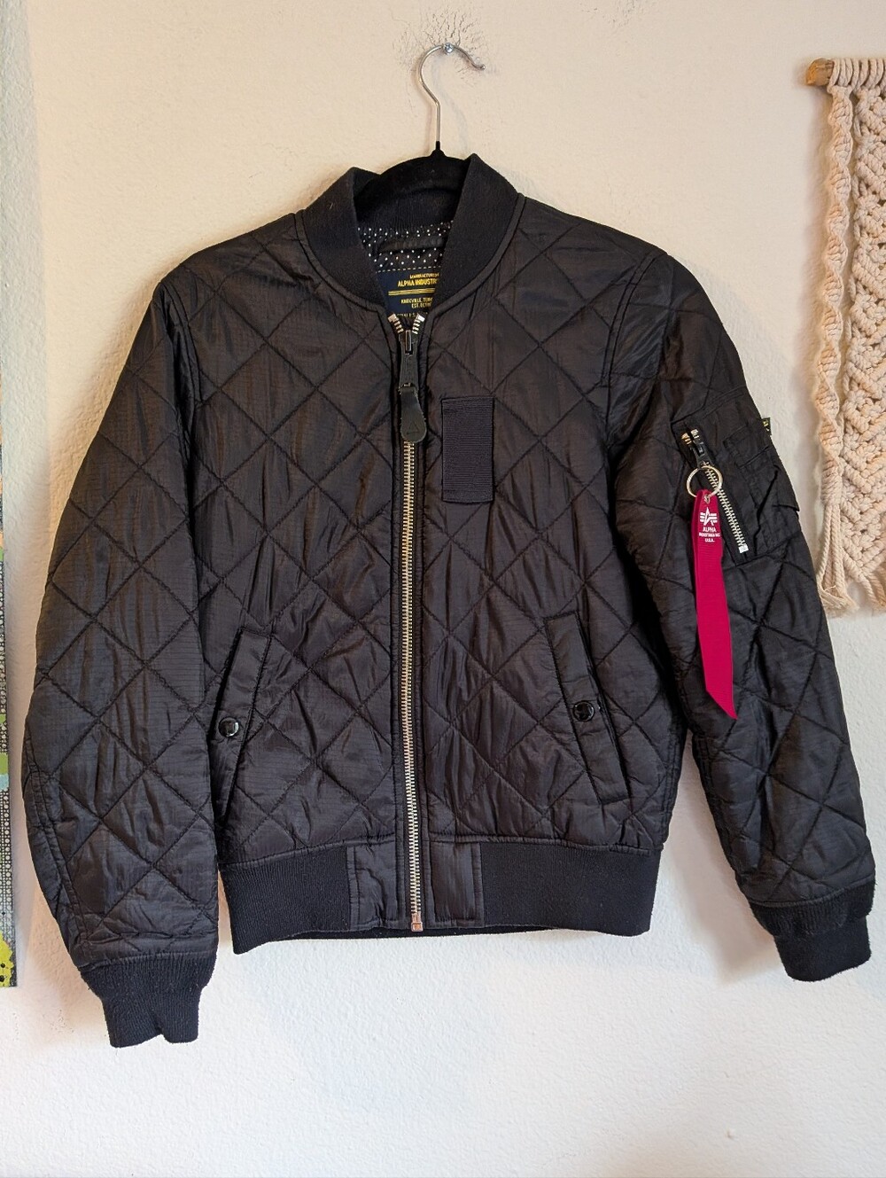 Alpha Industries MA-1 Diamond Black Quilted Long Sleeve Bomber Coat Jacket Sz XS